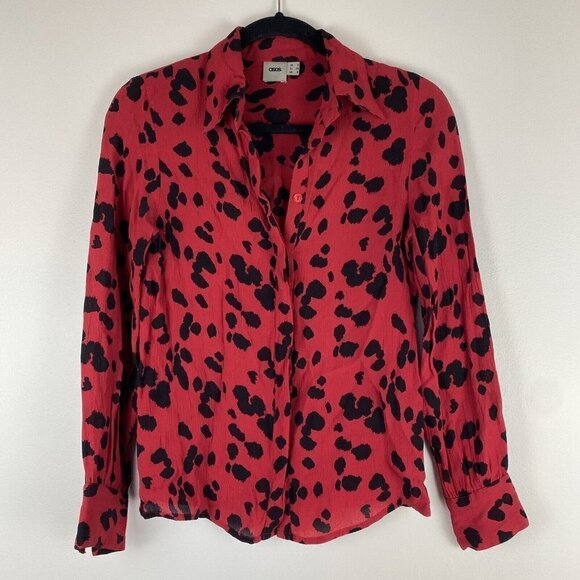 Asos Women's Leopard Print Button Up Top Size 0 Red Black Collared Blouse - Picture 1 of 9